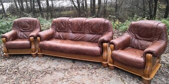 Kožená sedacia súprava 3+1+1 s masivnym dub.drevom - 2