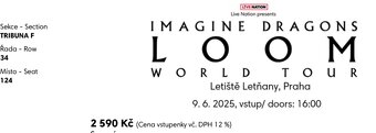 2x vstupenka na sedenie: Imagine Dragons Praha 09.06.2025 - 2