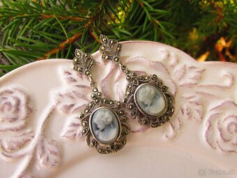 Strieborné náušnice s markazitmi a kameou, Ag 925 - 2