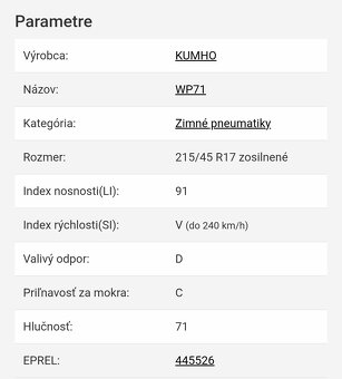 Nové pneumatiky 4 ks Kumho WP71 XL 215/45 r17 91V - 2