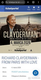 Predám 2 vstupenky na RICHARD CLAYDERMAN - FROM PARIS WITH L - 2