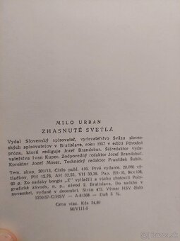 Kniha pre zberatelovsl s podp Milo Urban zhasnute svetla - 2