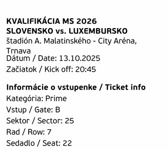 Slovensko - Luxembursko 4 Prime vstupenky - 2