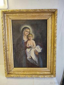 Stará olejomaľba na plátne -Madona s Ježiškom - 2