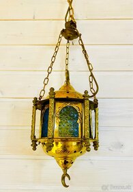 Stará krásná mosazná lampa s různobarevnými skly - 2