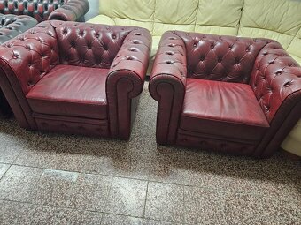 CHESTERFIELD ŠTÝL,BORDOVOČERVENÁ KOŽENÁ SEDAČKA 3+1+1 - 2