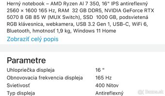 Predám herný / pracovný notebook GIGABYTE AERO X16 (RTX 5070 - 2