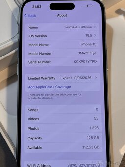 iPhone 15 128GB Battery cycle count 0 – ZÁRUKA Apple + O2 - 2
