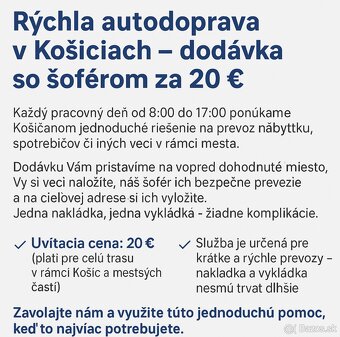 Rýchla autodoprava v Košiciach – dodávka so šoférom za 20 € - 2