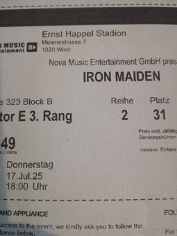 Vstupenka iron maiden - 2