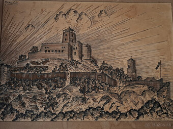 Predám obraz Trenčianský hrad Sig. Zimen 1941 rezba do karto - 2