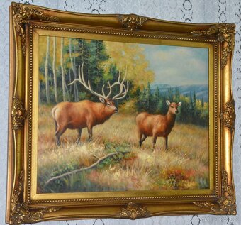 Zámecký obraz - Jelen s laní- olej na plátně - 2