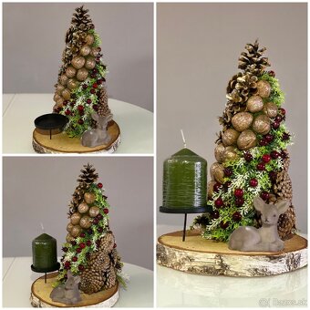 Vianočný stromček zo šišiek, orechov a bobuľkami na dreve - 2