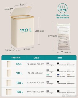 SONGMICS kôš na bielizeň 130 l – 2 priehradky, camel, nový - 2