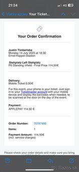 Predám lístok na koncert: Justin Timberlake - 2