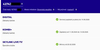 Sateliný príjmač + karta skylink predplatné do 14.8.2026 - 2