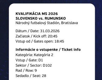 Vstupenky Slovensko - Rumunsko - 2