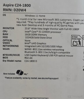 Aio PC Acer C24-1800 16GB RAM, 1TB SSD, i5, nový/nerozbalený - 2