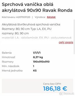 Sprchová vanička oblá akrylátová 90x90 Ravak Ronda - 2