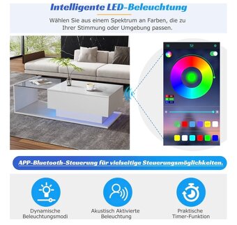 Konferenčný stolík so zásuvkou, biely vysoký lesk s LED 100x - 2