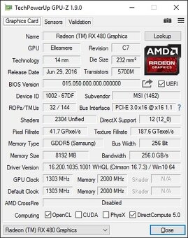 Predám grafiku MSI ARMOR RX480 8GB GDDR5 - 2