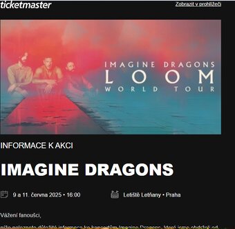Predám 2 lístky na Imagine Dragons – Praha 9.6.2025 - 2
