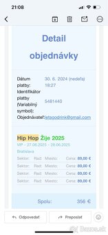 Predam 4x VIP listky - HipHop ZIJE 2025 - 2