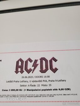 Predám 2 lístky na koncert AC/DC 26.6.25 Praha-Letňany sedie - 2