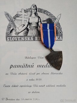 Vojenská medaila + osvedčenie Slov.štát - 2