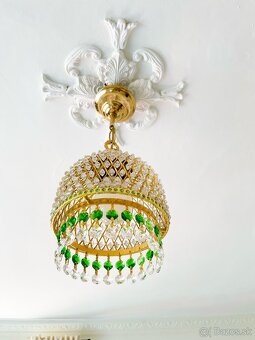 Luxusný vintage krištáľový luster s mosadzným rámom a zelený - 2
