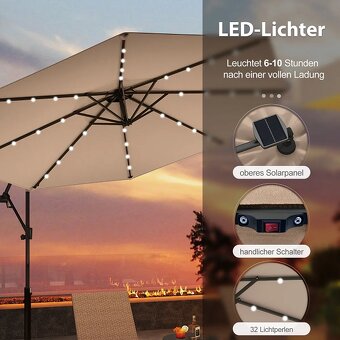 300 cm slnečník s 32 solárnymi LED svetlami a kľuko - 2