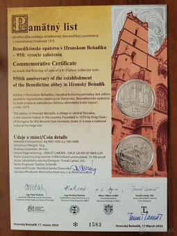 Strieborná minca 10€ a pamätný list Hronský Beňadik - 2