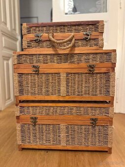 3 ratanové komody kufre, hnedé, prírodné drevo, prírodný rat - 2