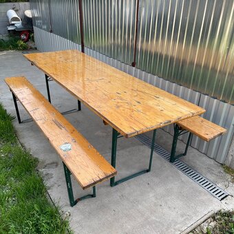Pivný set, stôl 220 x 70 cm, borovicové drevo/oceľ, 3dielny - 2