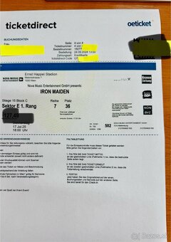 Predám 2 lístky na IRON MAIDEN vo Viedni 17.7.2025 - 2