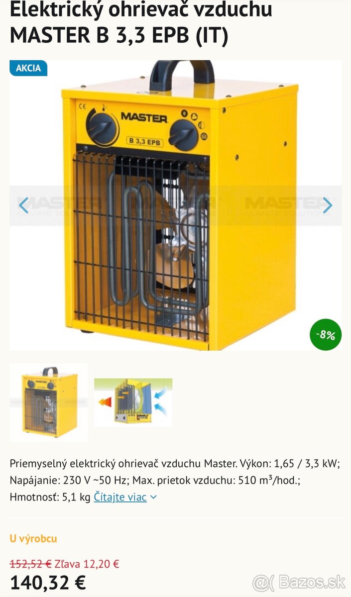Predám ohrievač Master B3,3EPB - 3