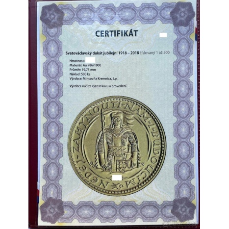 ZLATÝ ČÍSLOVANÝ JUBILEJNÍ SVATOVÁCLAVSKÝ DUKÁT 2018 - 500 ks - 3