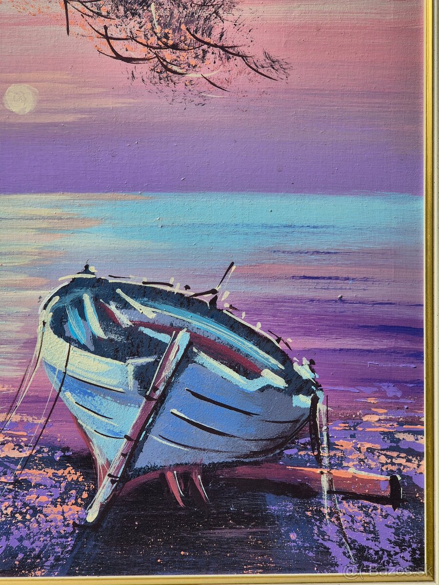 Platno,zatisie na mori s lodkou- olej na platne, Chorvatsko - 3