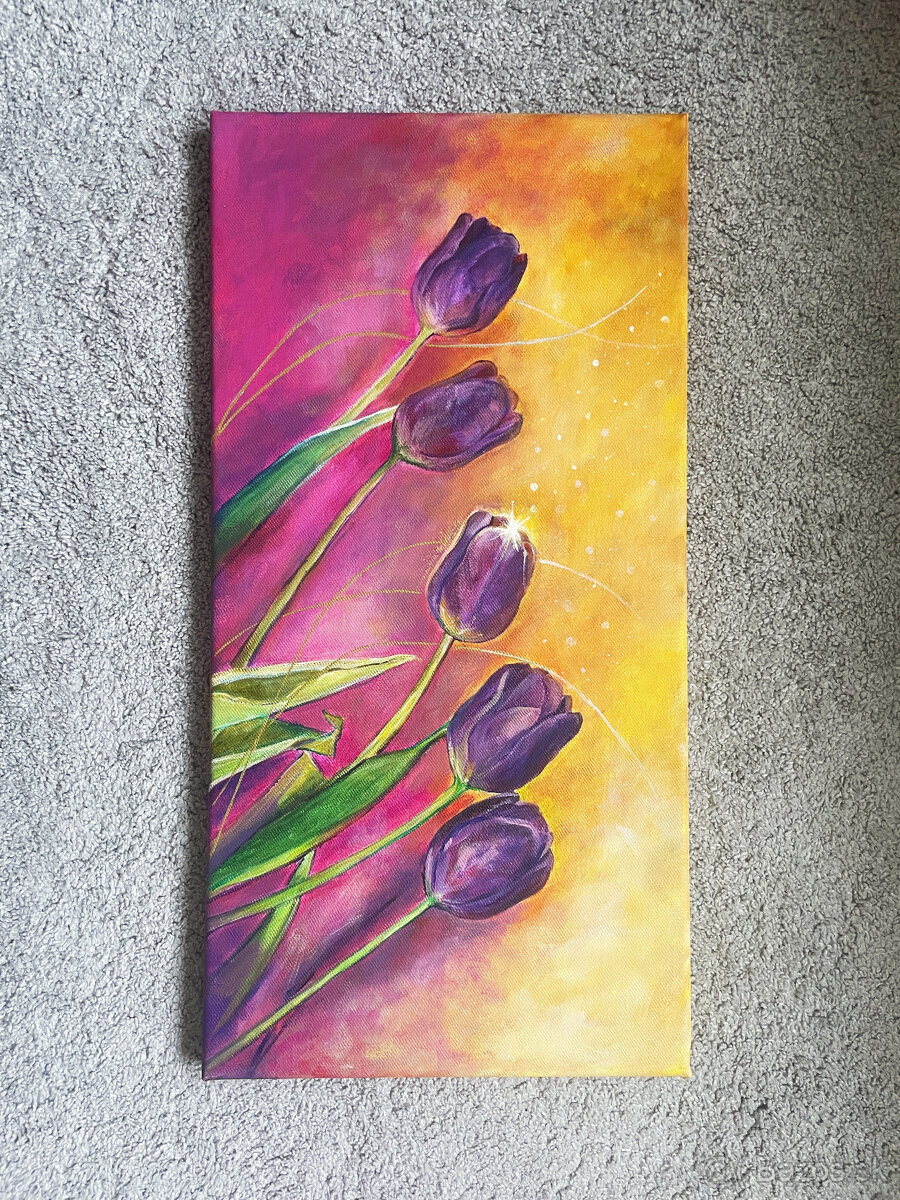 Tulipány – originálna akrylová maľba na plátne 30×60 cm - 3