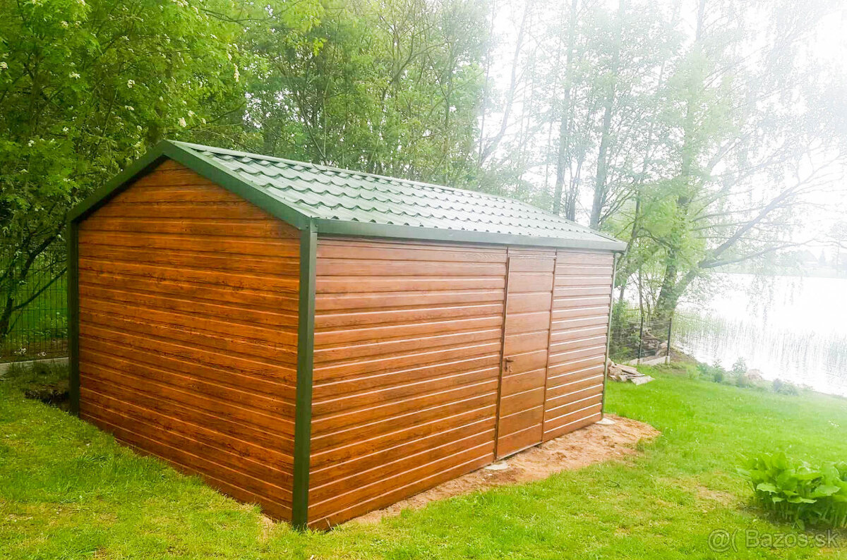 Plechová garáž 3×5, dvere, imitácia dreva, strecha dvojspád - 3