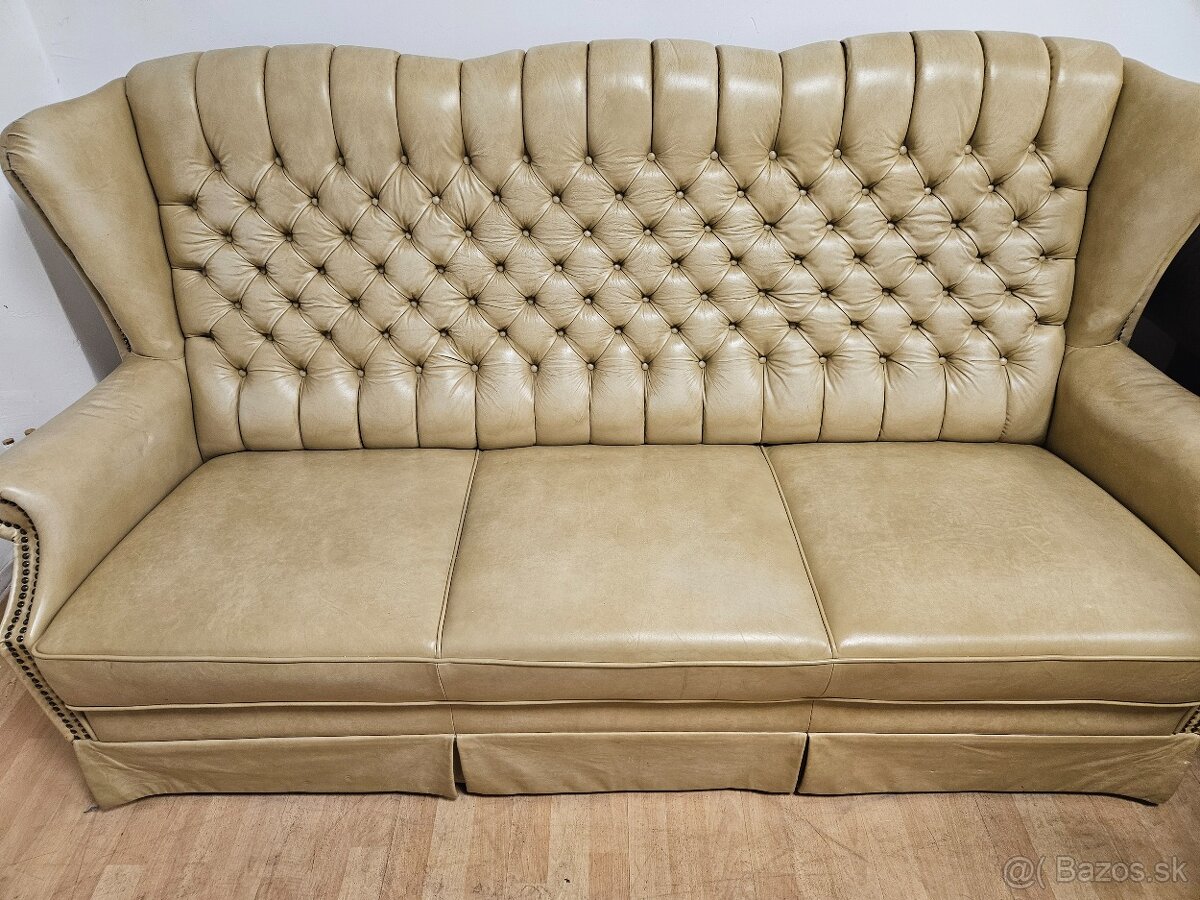 Chesterfield štý,kožená vysoká sedačka,3+1+1 - 3