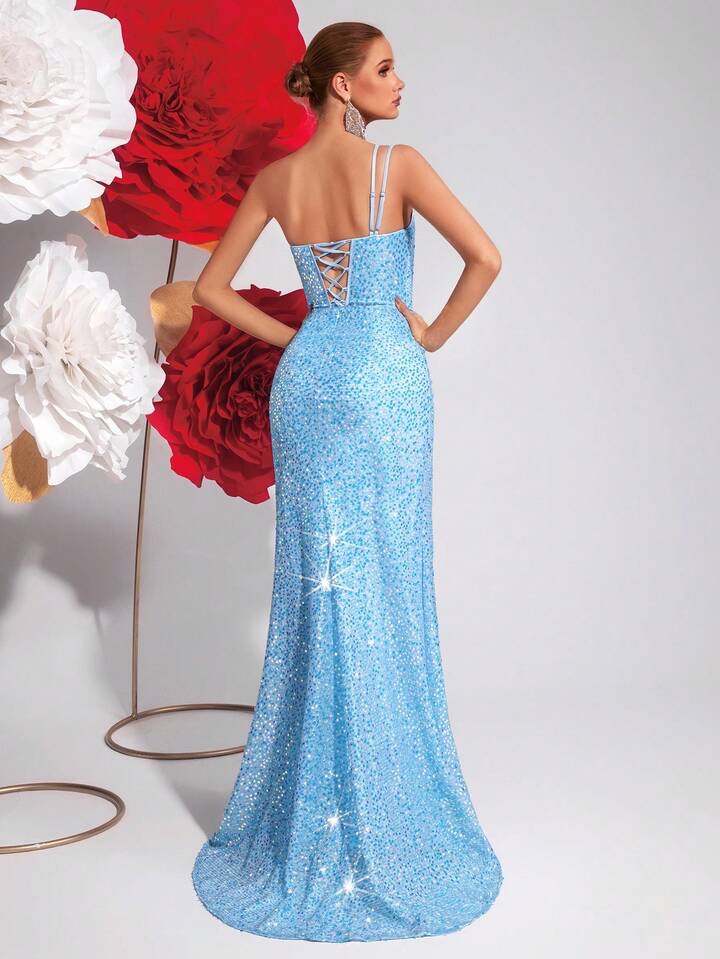 Dlhé spoločenské modré saty S - 3