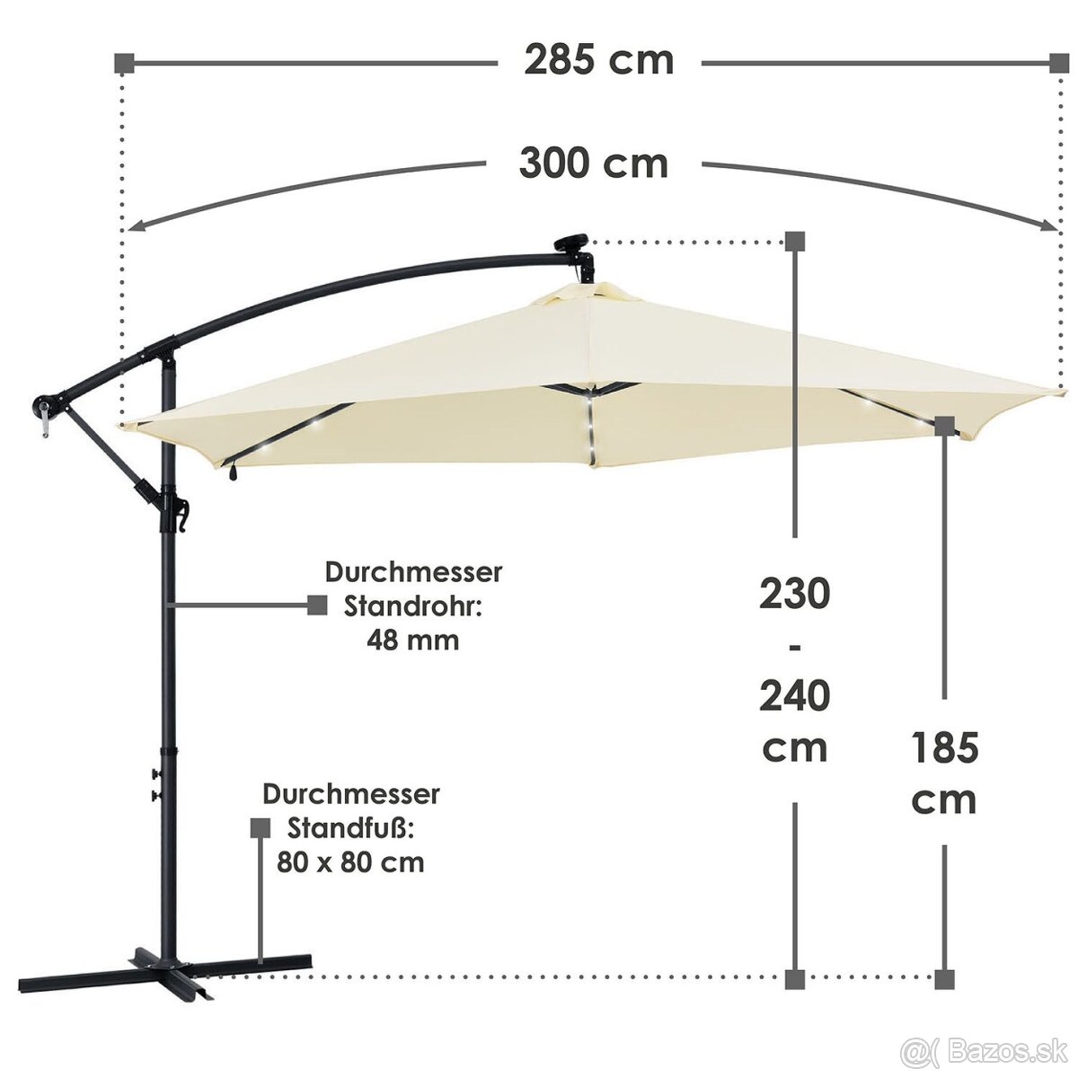 LED slnečník 3 m a 3,5 m šedá a krémová závažia a kryt - 3