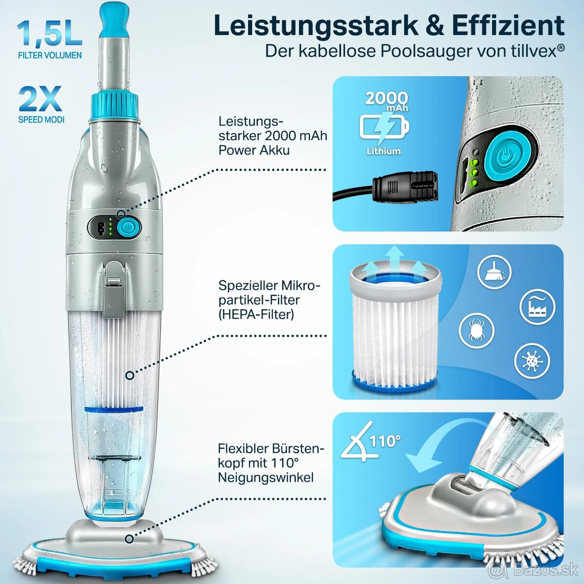 tillvex® elektrický vysávač do bazéna–akumulátorový,novy - 3