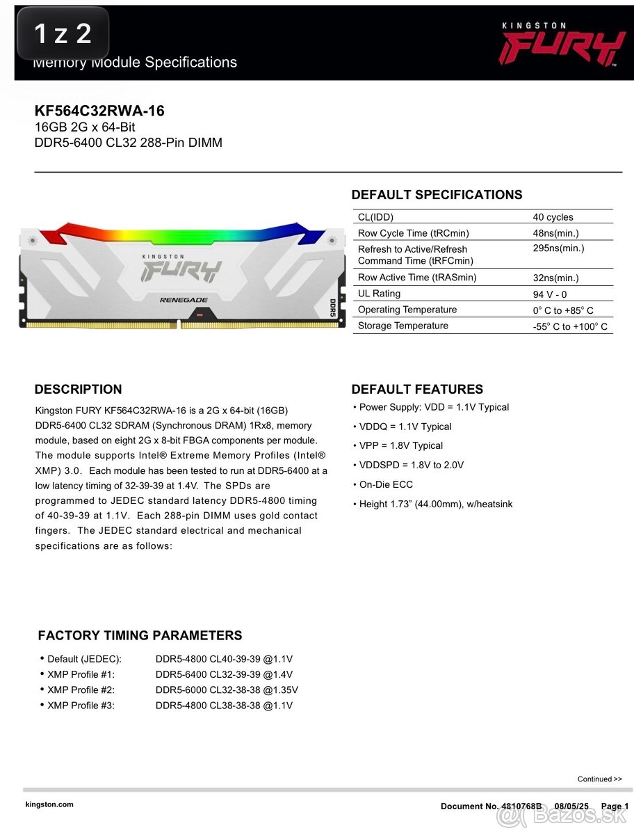2x FURY Renegade White RGB DDR4 16GB 6400MHz CL32 - 3