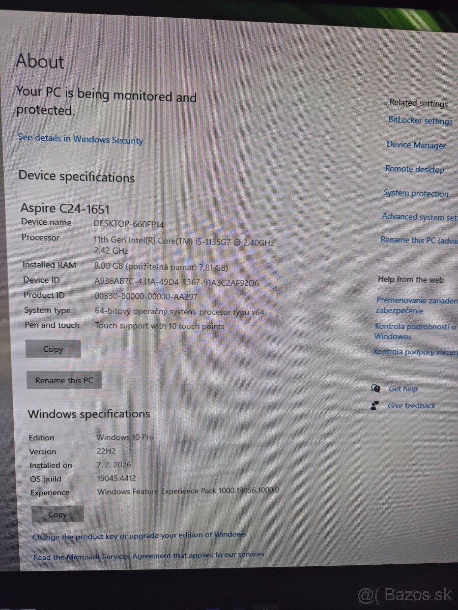 PC all in-one touch screen Acer Aspire C24 - 3