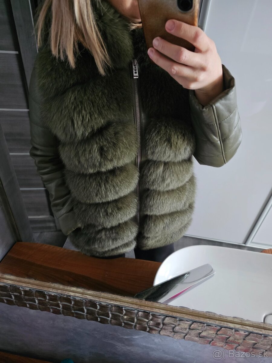 Khaki kožuch z líšky a pravej kože - 3