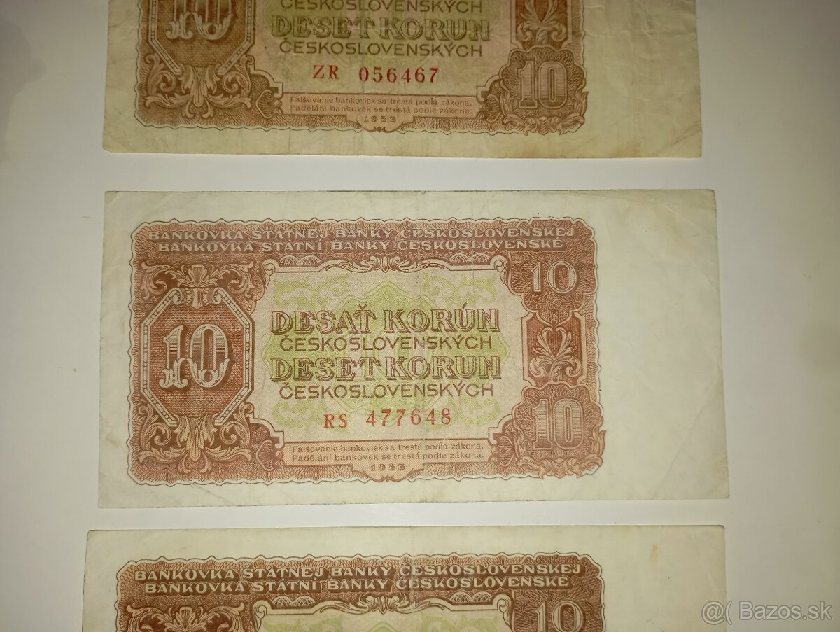 BANKOVKY 10 KČS 1953, NEPERFOROVANÉ, RŮZNÉ SÉRIE - 3