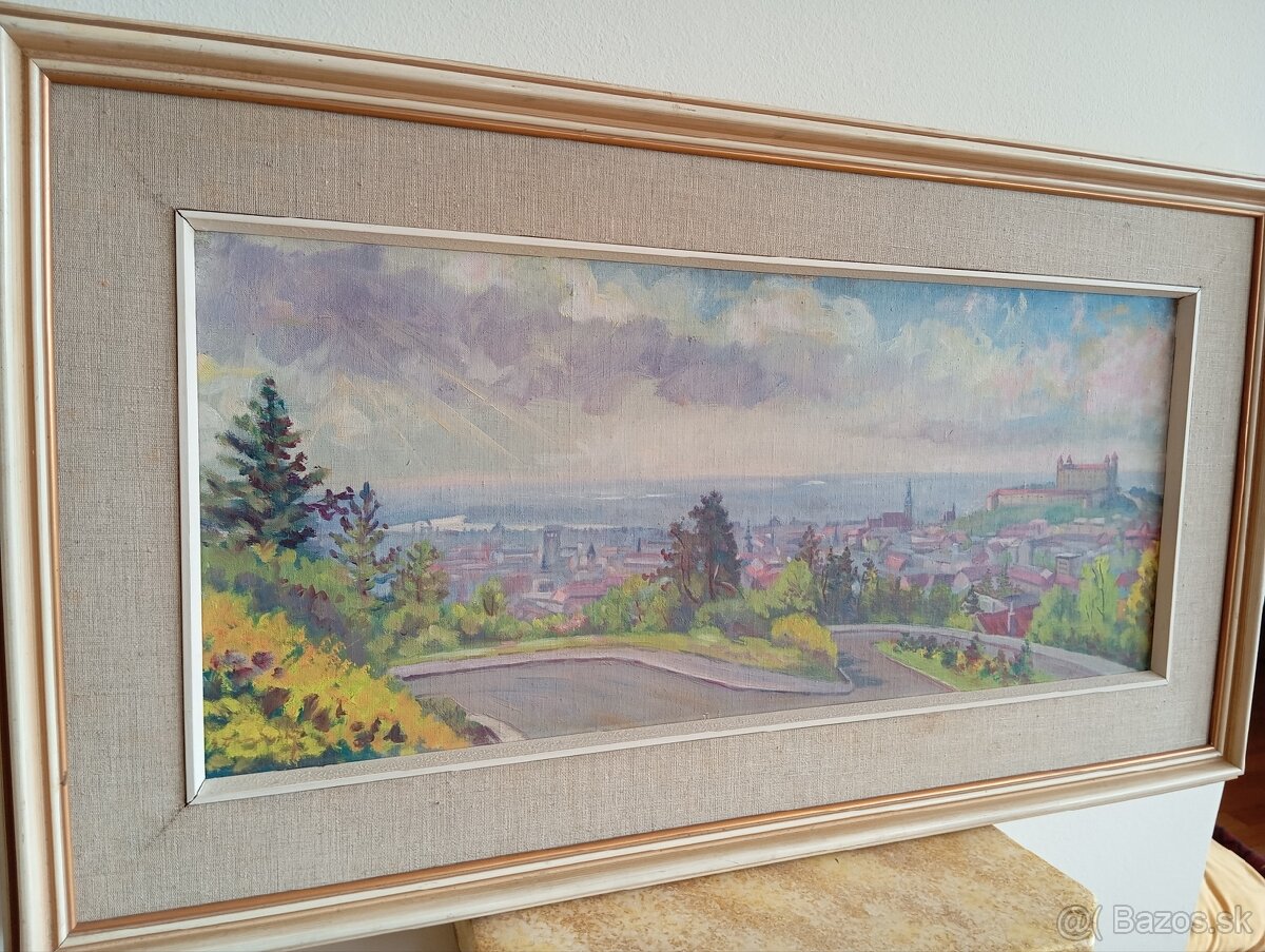 Krásny starý slovenský obraz - Výhľad na Bratislavu 88x48 cm - 3
