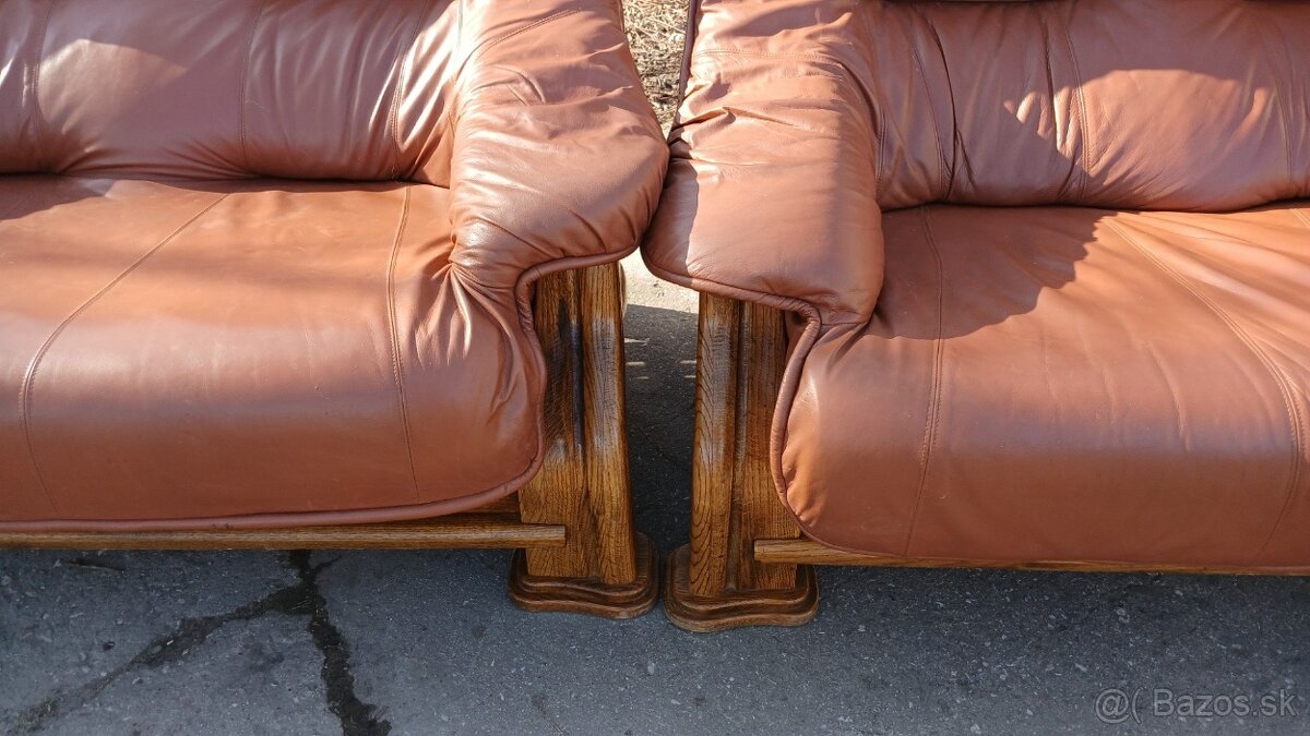 Kožená sedacia súprava 3+2 s masivním dřevem - 3